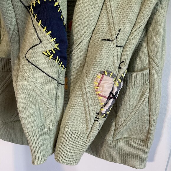 ebossy Cable Knit Cardigan Embroidery Sweater Button V Neck Coat Size M Green - Picture 8 of 15